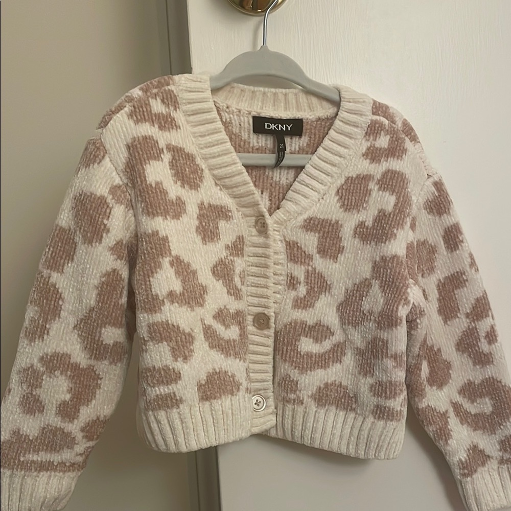 DKNY Cream and Mauve Leopard Print Cardigan